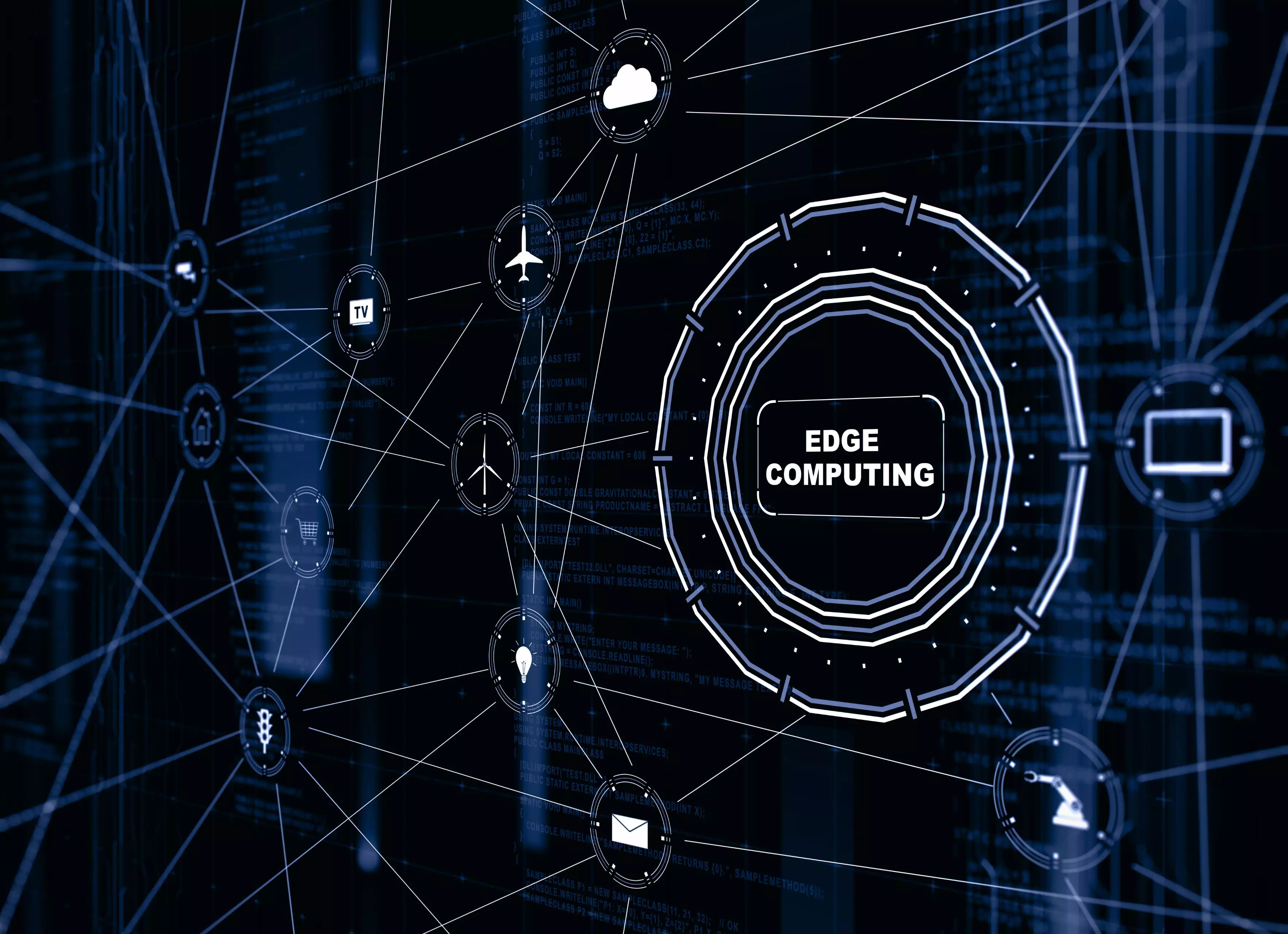 Symbolbild zu Edge Computing – Datenverarbeitung am Netzwerkrand mit IoT-Geräten und Edge-Nodes.