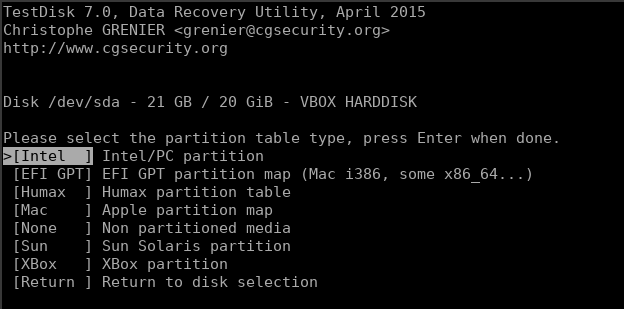 Testdisk partition type selection screen