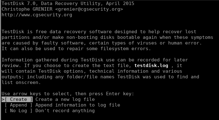 Testdisk welcome screen log