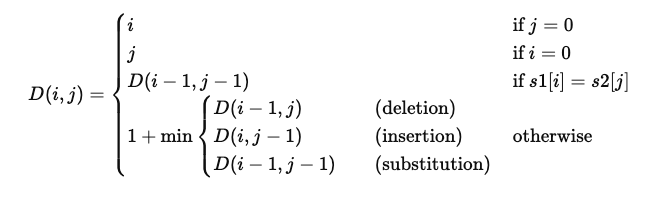 Gleichung zur Berechnung der Edit Distance zwischen zwei Strings mit dynamischer Programmierung.